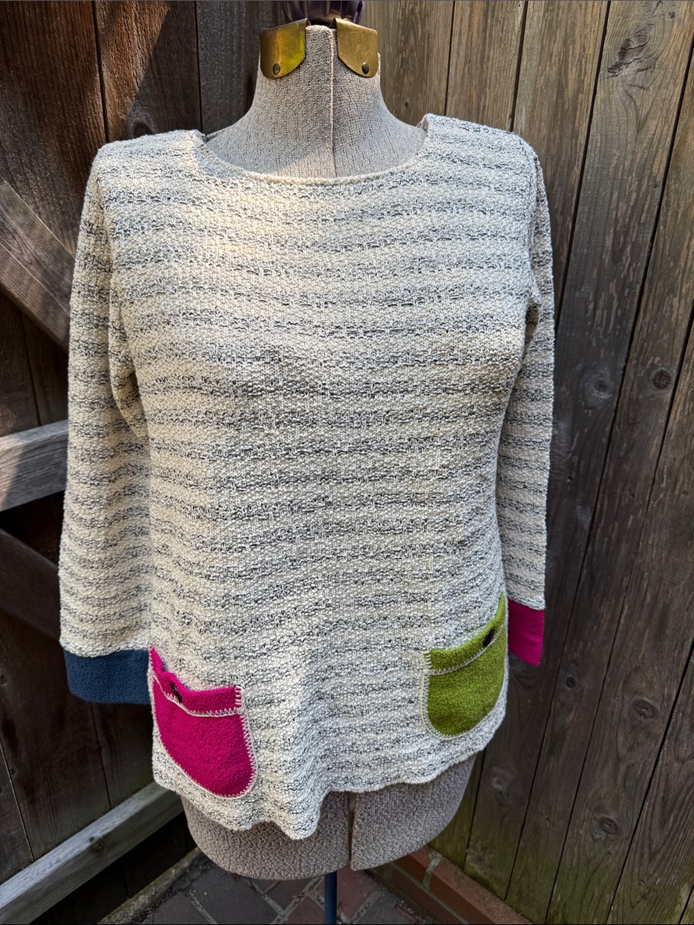 Women's Cream Textured Sweater with colorful Pocket Accents